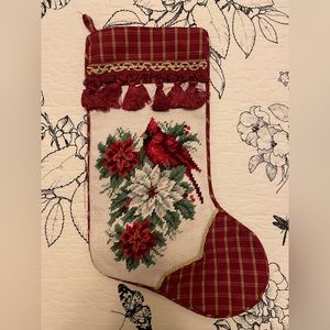 Beautiful Vintage Cardinal & Poinsettias Needlepoint Christmas Stocking NWT